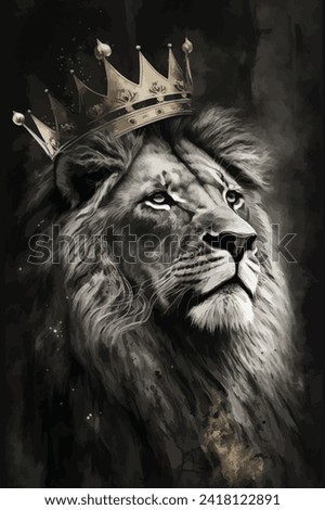 realistic lion head wearing golden crown on dark background. for print, posters, t-shirts, wallpaper. Vector illustration