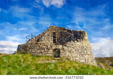 Digital watercolour from a photograph of Dun Carloway broch, Isle of Lewis, Western Isles, Outer Hebrides, Scotland, Iron Age drystone hollow walled defensive military structure
