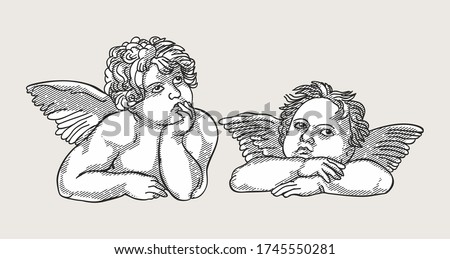 
Two little angels with paintings by Raphael Sistine Madonna, vector illustration