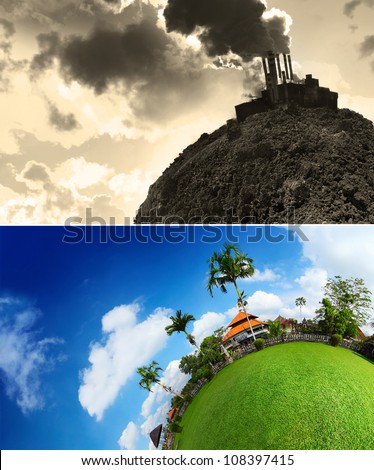 Collage of an empty planet\'s soil and smoking power plant and green lush meadow with buildings and trees and blue cloudy sky