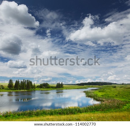Summer pond with green meadows around and blue cloudy sky