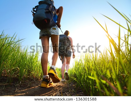 Similar – Image, Stock Photo Crop traveler with trekking poles in mountains in winter