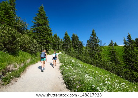 Two ladies with backpacks walking on a trail in summer Alps