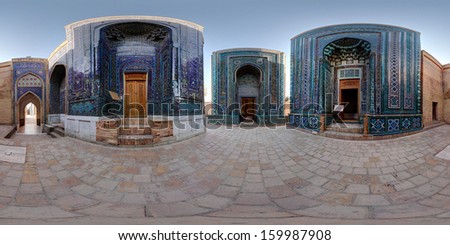 Spherical, 360 degrees panorama (equirectangular projection) of oriental ancient complex of Shah i Zinda. Samarkand, Uzbekistan