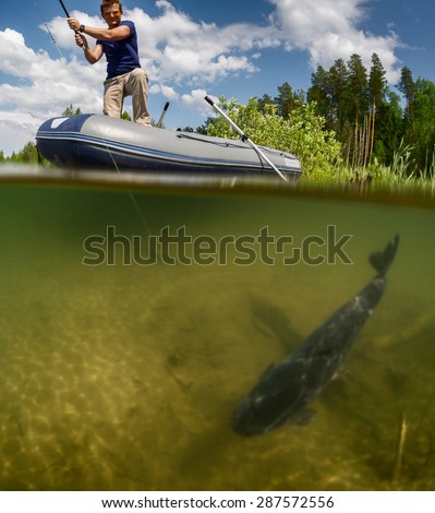 Split shot of the fisherman with rod in the boat and underwater view of the fish near a bottom