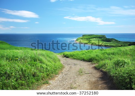 Meadow with green grass and road blue sea and sky with clouds