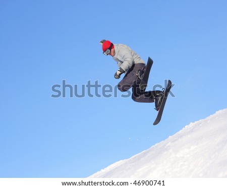 Ski sportsmen in jump over clear blue sky