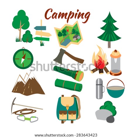 Summer camp leisure park summer camp, vector icons for tourism, recreation for active people, landscape, nature, mountains, travel, hike in the woods, in the country, in the mountains.