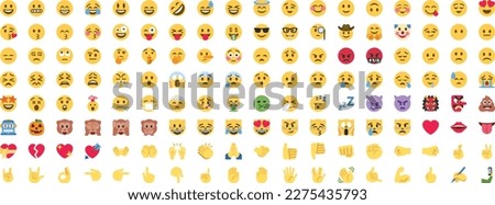 Flat yellow emoji collection. Happy smile, sad crying face and angry facial expressions. Emoticons vector icons set. EPS 10