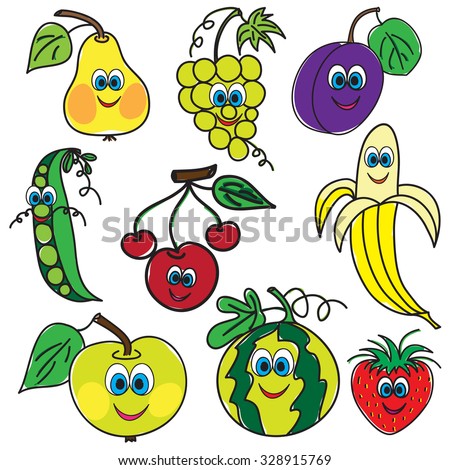 Collection Of Cartoon Fruit Icons On A White Background Stock Vector