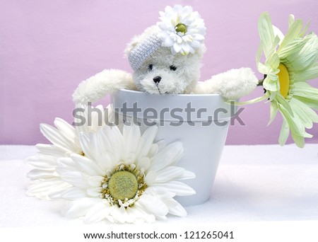 Cute generic white bear sitting in white planter with over-sized large daisies surrounding it with pink background - with transparent fairy wings