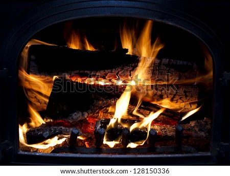 Firewood burning inside  arch wood-burning stove
