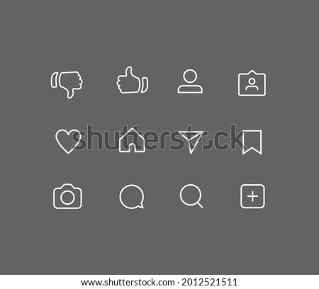 Set of vector illustration for social media. Icons and symbols for business design and communication. Interface buttons: like, dislike, comment, dm, saved, profile, camera, home, search, new post