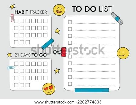 Checklist for goals and habit tracker templates -21 days. To do list. Scrapbooking elements - emoji, tape, paper clips. Vector illustration