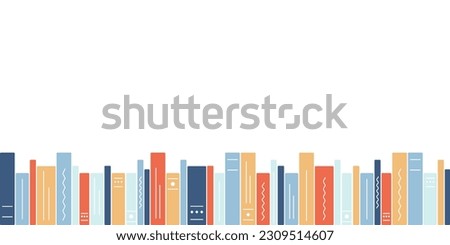 The books are in a row. Library, bookshelf. Textbooks, literature. Book spines. Education, reading. The bottom border of the image. Template for inserting text. Vector illustration.