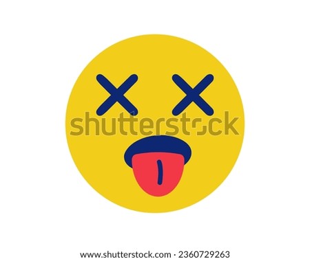 Dead Emoji. Yellow face with crosses instead of eyes. Shocked Smiley. Death. Status, message Mood on social network. Erysipelas with protruding tongue. isolated object. Flat style. Vector illustration