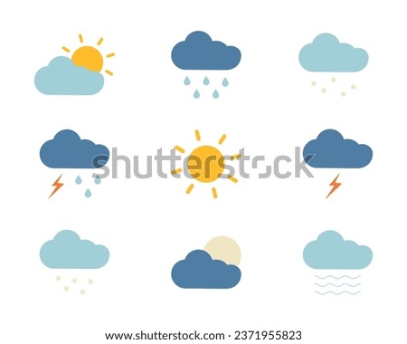 Set of Colored Weather Forecast Icons. Clouds and precipitation. Rain, snow and hail. Sun and moon. Lightning, thunderstorm and fog. Warm climate. Sunny and hot weather. Vector illustration.