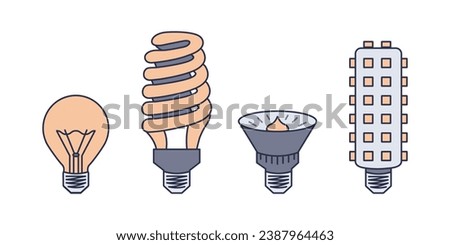 Set of types of lamps - incandescent, fluorescent, halogen, LED. 4 types of light bulbs. Lighting equipment. Electricity. Different variants. Color icon with outline. Flat style. Vector illustration