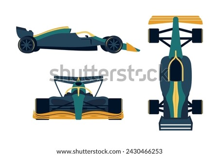 Three views of Formula 1 racing car - side, top, front. Transport of extreme sports. Fast vehicle on four wheels. Championship. Model of car. Flat style. Color image. Isolated. Vector illustration