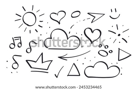 Doodle Set of symbols. Sun, clouds. Heart and crown. Arrows, footprint and Notes. Vector illustration. Hand drawn. Smiling emoticon. Geometric shapes - triangle, circle, check. Music, weather and love