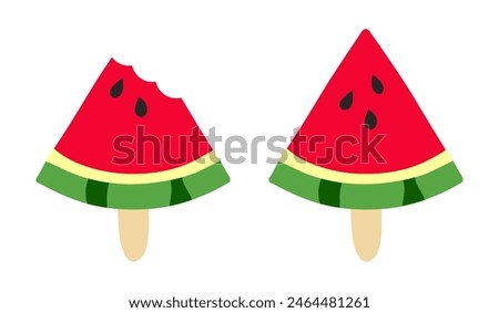 Ice cream Watermelon on a stick. Bite off triangular piece of summer red striped fruit with seeds in doodle style. Sweet lollipop. Cut slice of food. Vector illustration