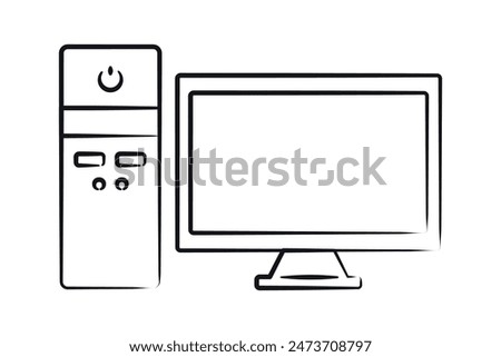 Sketch Computer block and monitor isolated. Power button and screen. Contour technologies. Desktop display. Linear office equipment. Pencil drawing of object on white background. Vector illustration