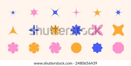 Set of abstract shapes - star, flowers, sparks. Trendy Y2K Retro Badges. Smooth and angular geometric figures. Sticker Label. Design elements isolated. Patch. Yellow, pink, blue. Vector illustration