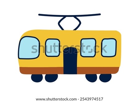 Tram yellow. Children Drawing. Isolated on white background public urban ground Transport. Side view. Colored Doodle, scribble. Tram car on four wheels and antennae. Toy for Kids. Vector illustration