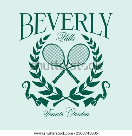 Retro Fashion Vector Art Vector Tennis Club Illustration, Beverly hills, tennis garden. T-shirt print design with vintage tennis racket slogans.