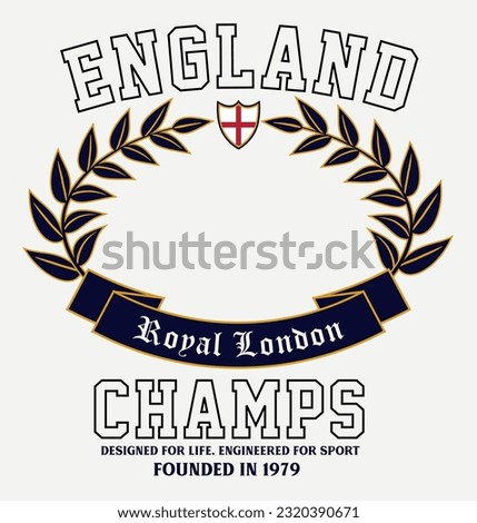 logo slogan graphic, retro college with laurel, england and shield, royal london. sports Country club summer SS23 football crest sport 