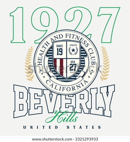 logo slogan graphic, retro college university with sport, shield and laurel. city beverly hills, health and fitness club summer SS23 tennis crest sport 