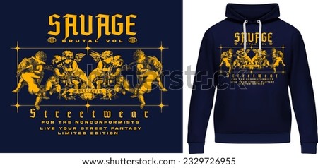 graphic for prints or street wear, illustration with baby angels and urban text expressions of texts savage or limited edition, mockup hoodie blue with print