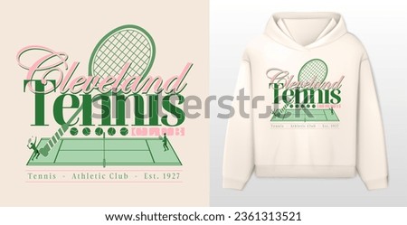 logo slogan graphic, retro tennis club university with sport, shield and laurel. city cleveland, health and fitness club summer SS23 tennis crest sport 