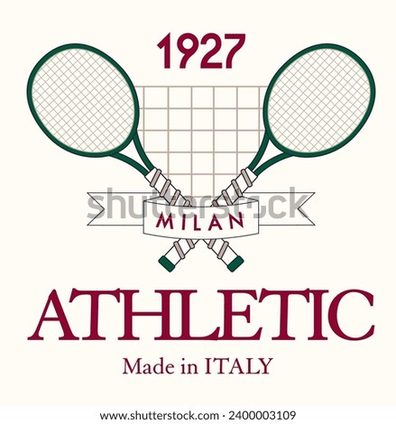 logo slogan graphic, retro tennis with racket. city milan athletic Country club summer SS23 tennis crest sport 