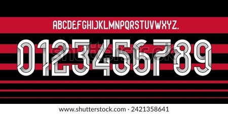font vector team 2024 - 2025 kit sport style font. football style font with lines. flamengo font. The Mengao. sports style letters and numbers for soccer team. league Brazil.