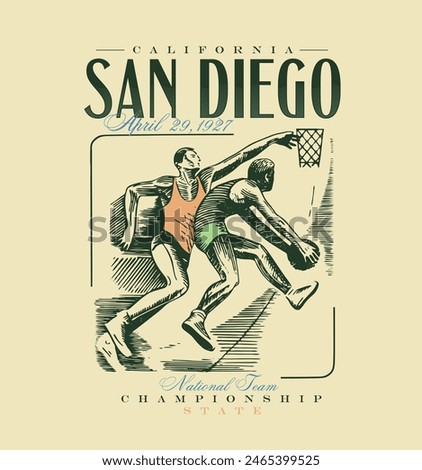 logo slogan graphic, retro basketball, players and ball. city san diego california, Championship state Country club summer SS24 basketball crest sport	