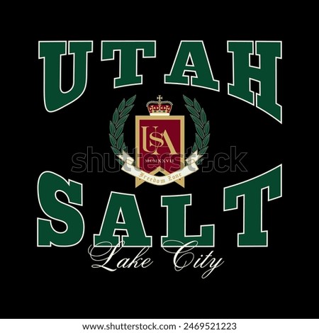 logo slogan graphic, retro college with laurel and shield. utah usa, club summer SS24 athletic crest sport