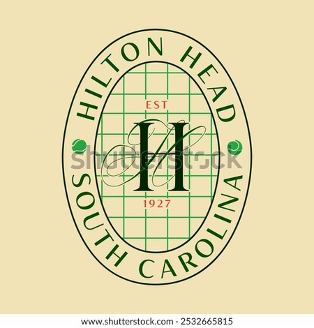 logo slogan graphic, retro tennis with racket, balls. city hilton head, south carolina Country club summer SS24 tennis crest sport, luxury tennis