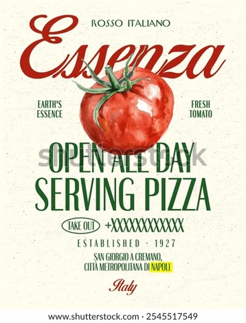 logo slogan graphic, retro poster pizza with tomato, city napoli italy, urban poster, club summer SS24