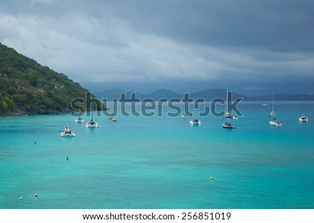 Boats off the coast of Jost Van Dyke in the British Virgin Islands before a coming storm.