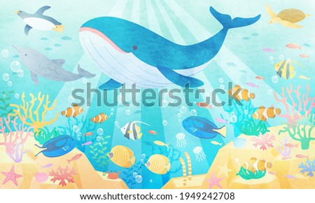 Watercolor style vector illustration background (landscape) where whales, penguins and dolphins are swimming in the summer sea