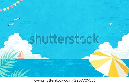 Vector illustration of beach with sea and blue sky.