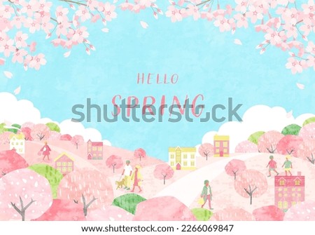 Spring cityscape and people with cherry blossoms. Vector illustration background. Сток-фото © 