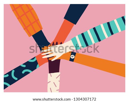 Holding hands circle, 8 of march women power concept. Teamwork card or poster.