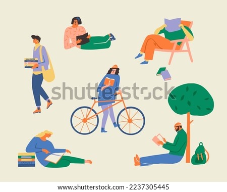 People reading books in bookstore or students studying, doing homework in the park or at home. Set of book lovers illustrations.