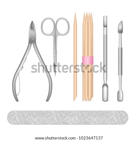 Manicure set. Vector realistic illustration of all tools for perfect nails wood cuticle sticks, cuticle pusher, cuticle trimmer, nail file and nail scissors.