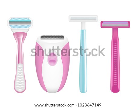 Shaving razor mockup set. Vector realistic illustration of color electric shaver and manual shaving razors for women for silky smooth skin.