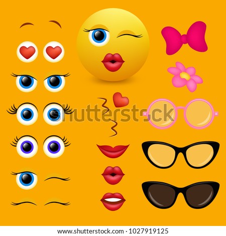 Emoji maker, smiley creator. Vector design collection of emoticon body parts and accessories allows you to create your own cool female emojis.