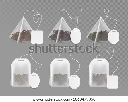 Pyramid and rectangle shaped tea bag mock up set. Vector realistic illustration of teabag with empty white label isolated on transparent background.