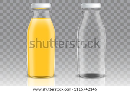 Orange juice empty and full glass bottle mockup set. Vector realistic illustration isolated on transparent background. Fruit drinks packaging design templates.